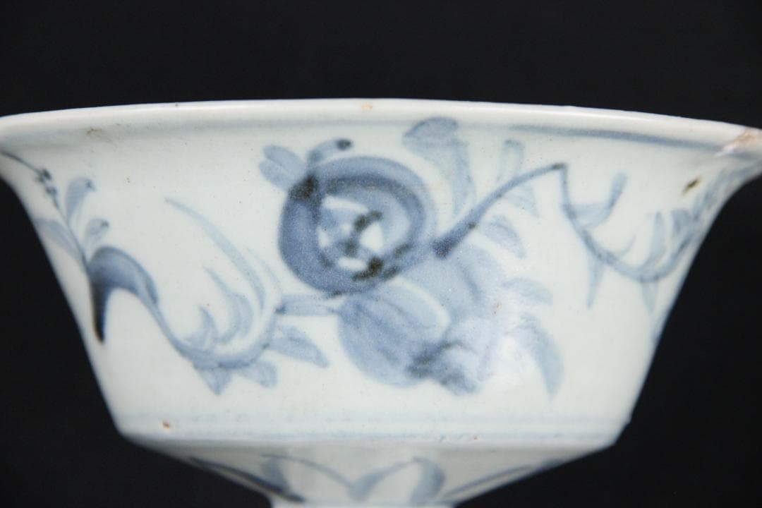 中国美術　清代　青花福字紋高足碗　供器　仏教祭器　花卉蝶文 陶磁 ESM12-7