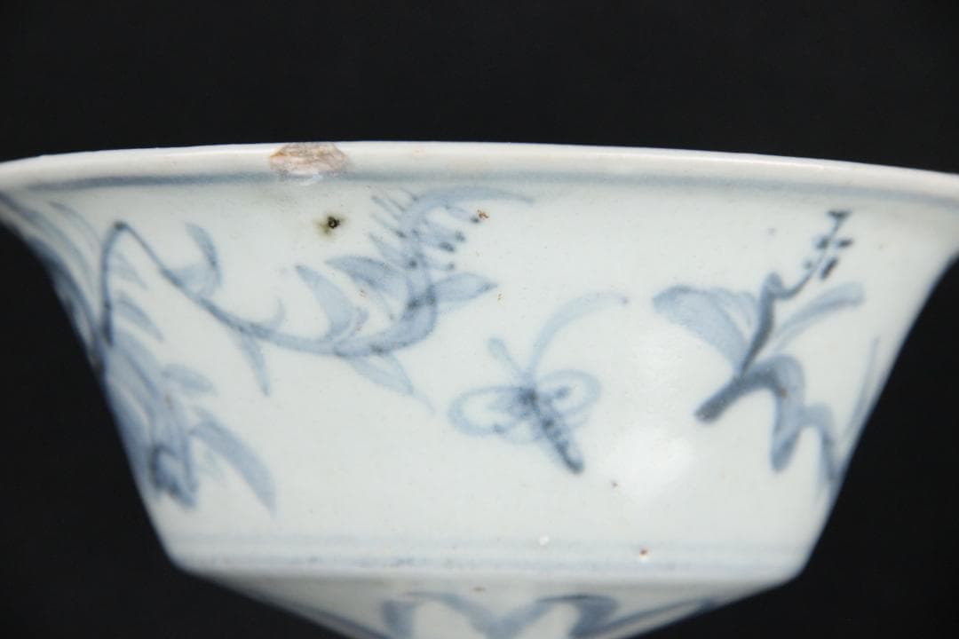 中国美術　清代　青花福字紋高足碗　供器　仏教祭器　花卉蝶文 陶磁 ESM12-7