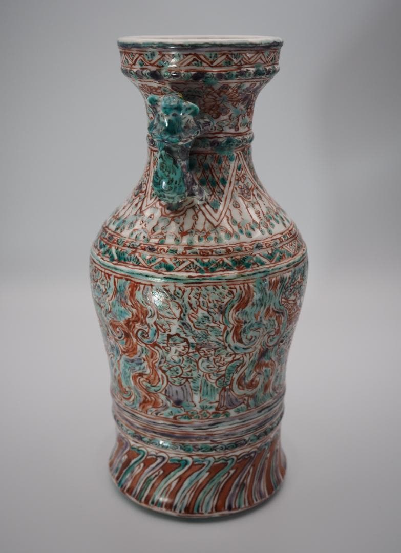 五代清風与平造 赤絵彩色群仙画 花瓶 共箱 共布