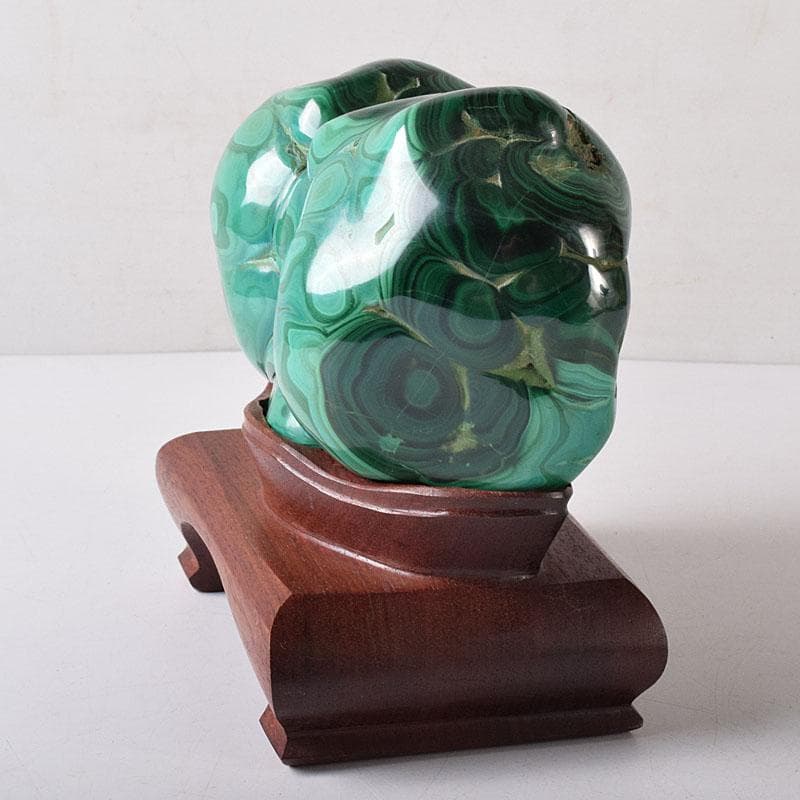 天然石　鑑賞石　孔雀石　マラカイト　重さ約3.33㎏　唐木台付　V　R8355