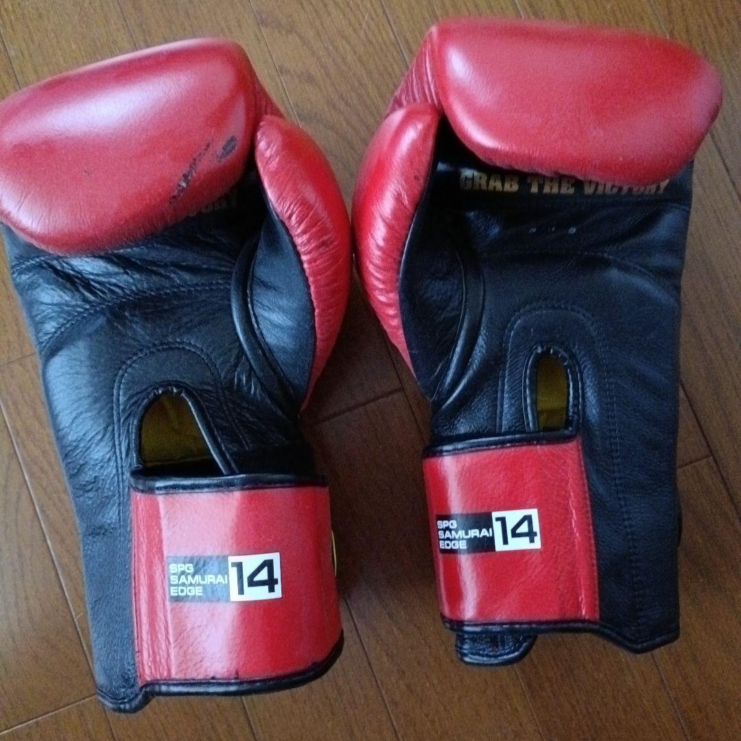 ミット付　SPS SAMURAI EDGE ボクシンググローブ 14oz 赤黒
