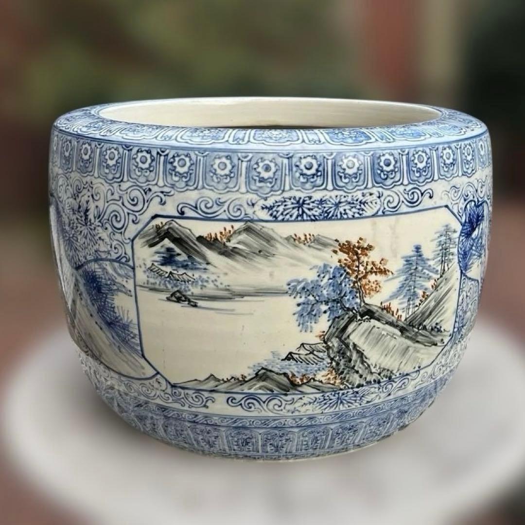 中国骨董50年旧蔵【染付手絵龍、松、山水紋窓絵大鉢火鉢金魚鉢睡蓮鉢水槽に兼用 】
