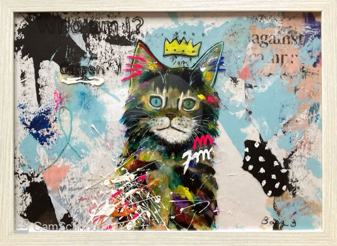 【Queen 】猫　ブルー　イラスト　原画　インテリア　アクリル画　BAEZ3