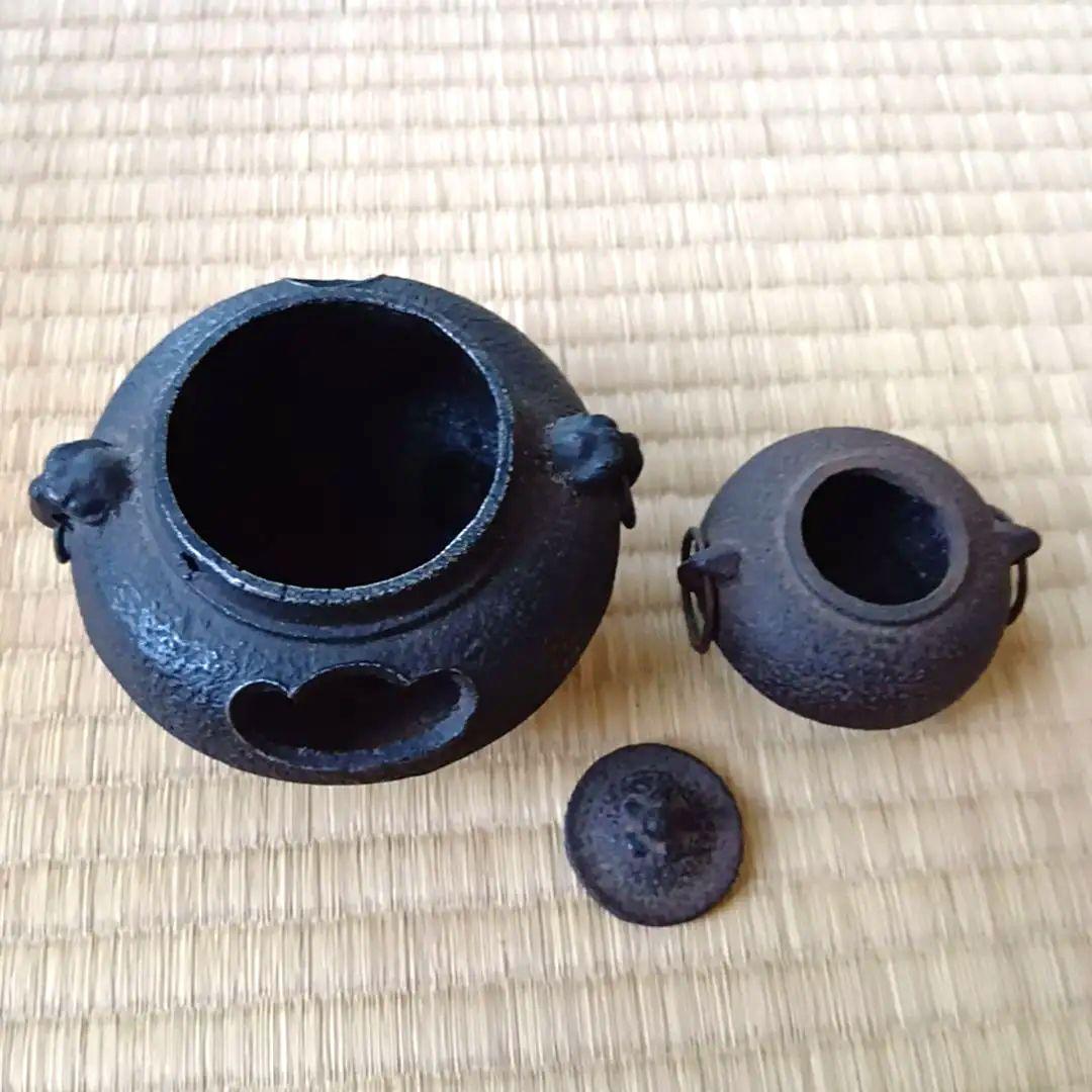 骨董品 茶釜 茶道具 唐獅子 香炉 火鉢 霰文様 置物 レトロ 鉄製 鉄器