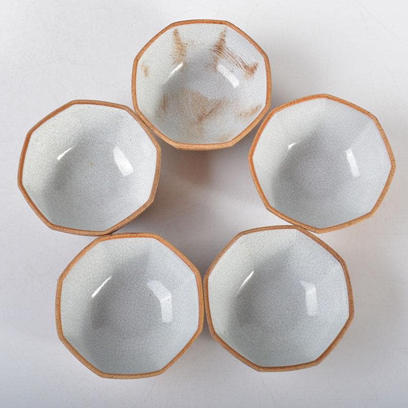 中国　紫砂　黄泥　雷文　六角煎茶碗　五客　時代箱付　M　R4457E