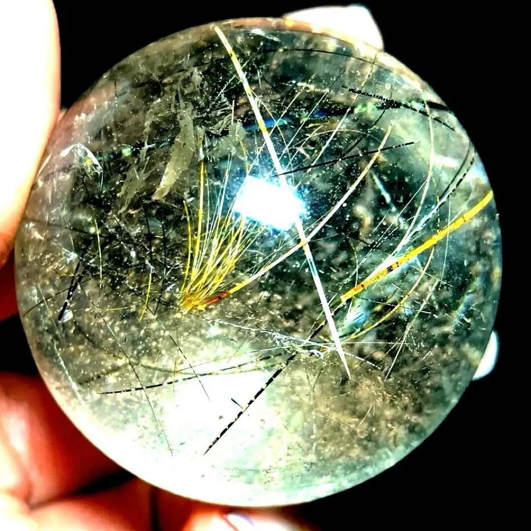 45mm ゴールドブラックルチルクォーツ　丸玉　スフィア　金黒針水晶