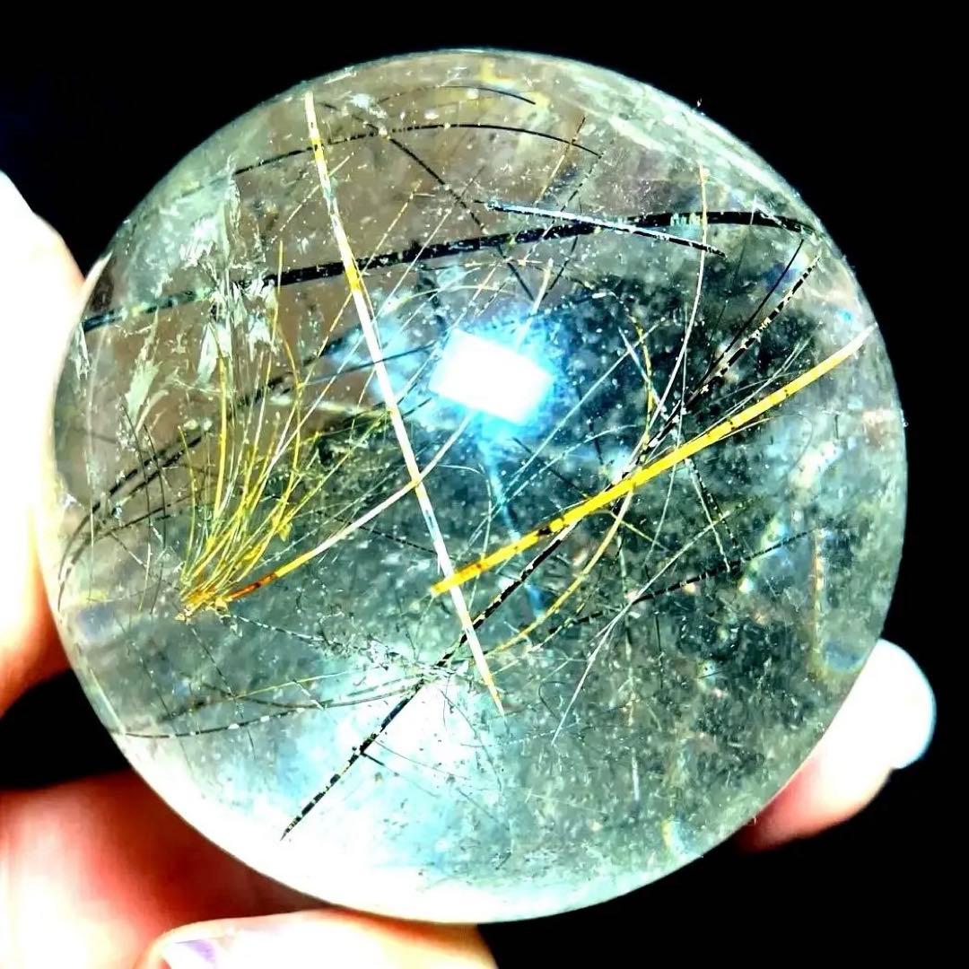 45mm ゴールドブラックルチルクォーツ　丸玉　スフィア　金黒針水晶