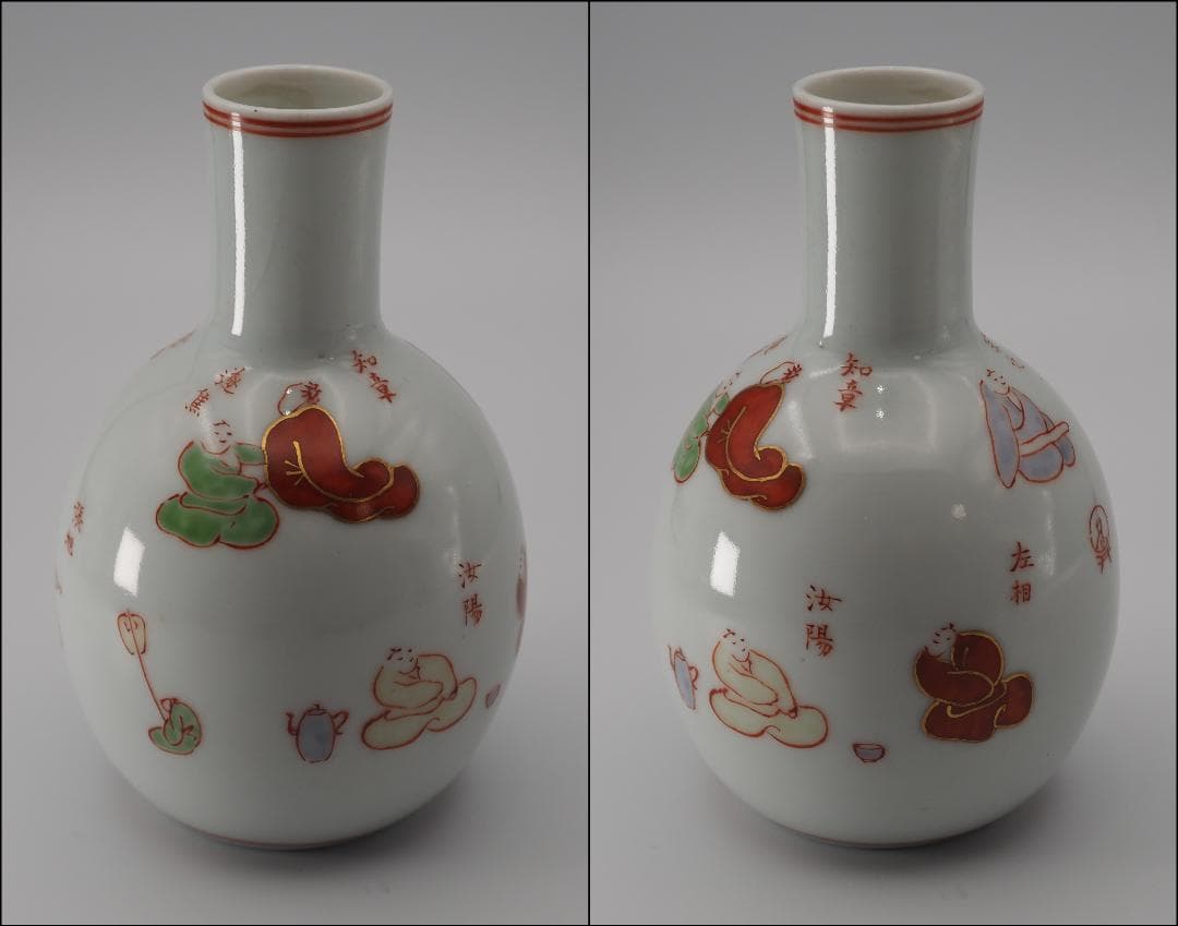 帝室技芸員 三代清風与平作 磁彩画 詩仙図 徳利一対 共箱/共布