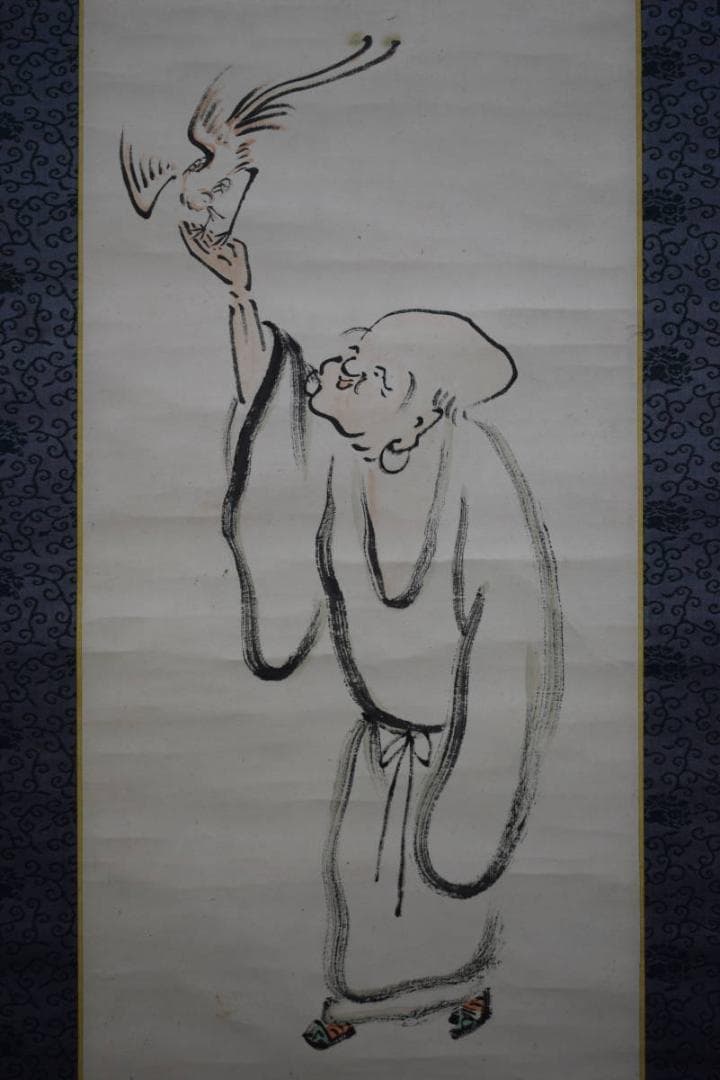 真作/田能村小竺/田能村直雙/人物に鳳凰画賛/布袋屋掛軸HE-756