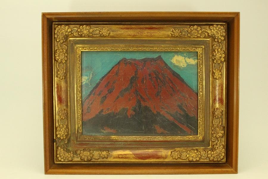 油絵調 レリーフ工藝画 赤富士 良額 室内調度 壁飾り(ZE435)
