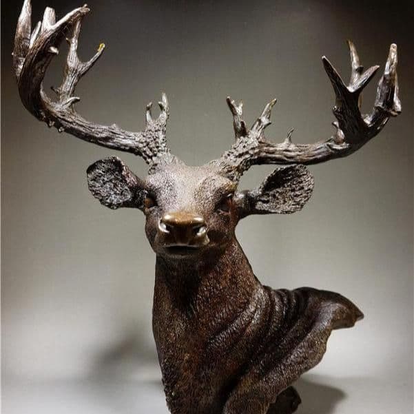細工銅製 大迫力鹿首造像角高彫 開運置物 上質