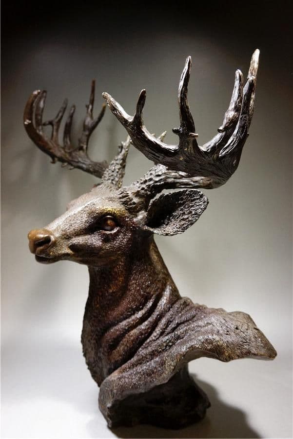 細工銅製 大迫力鹿首造像角高彫 開運置物 上質