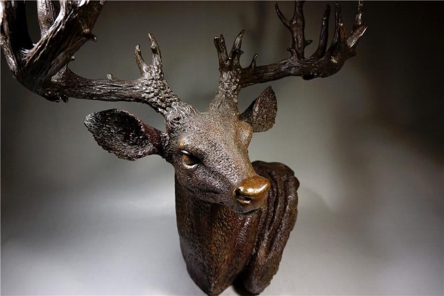 細工銅製 大迫力鹿首造像角高彫 開運置物 上質