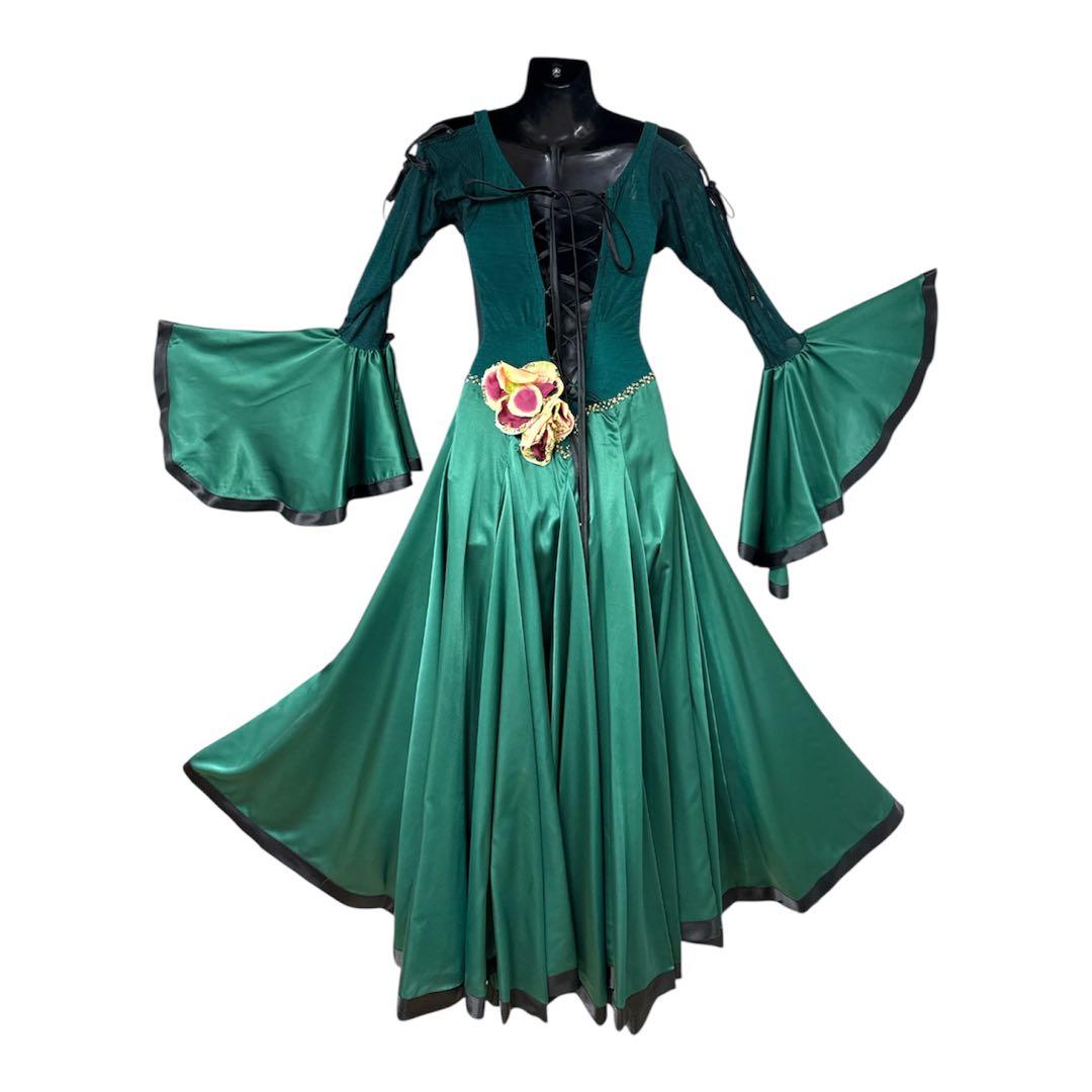 6199★S 緑 スワロミックス パソ ドレス　オーダードレス　社交ダンス