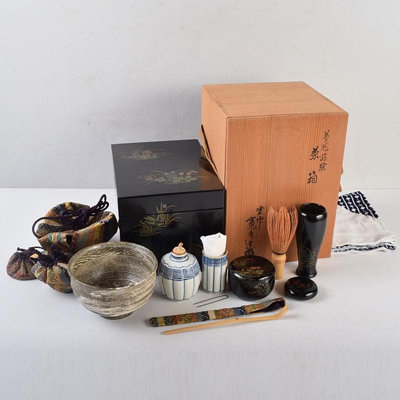 riko　草花蒔絵　茶箱　茶碗　棗など　九点一式　共箱　U　R9039