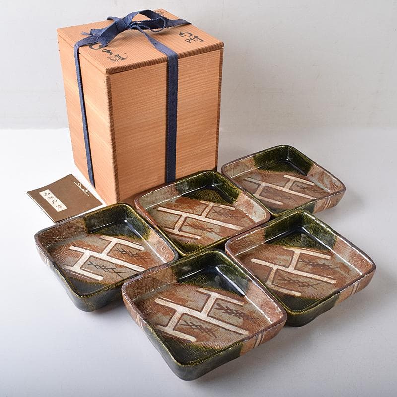 和食器　瀬戸織部　鳴海織部　加藤作助作　角向付　五客　共箱　V　R8733B