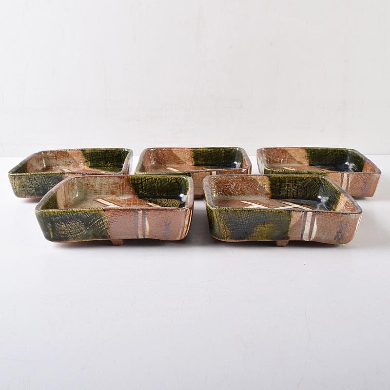 和食器　瀬戸織部　鳴海織部　加藤作助作　角向付　五客　共箱　V　R8733B