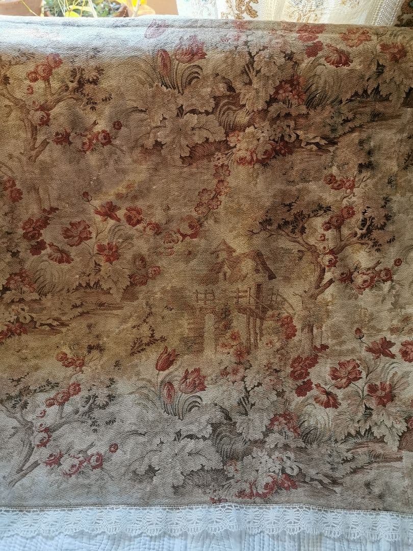 アンティークフランス トワルドジュイ 家と薔薇チューリップ ボビンレースカーテン