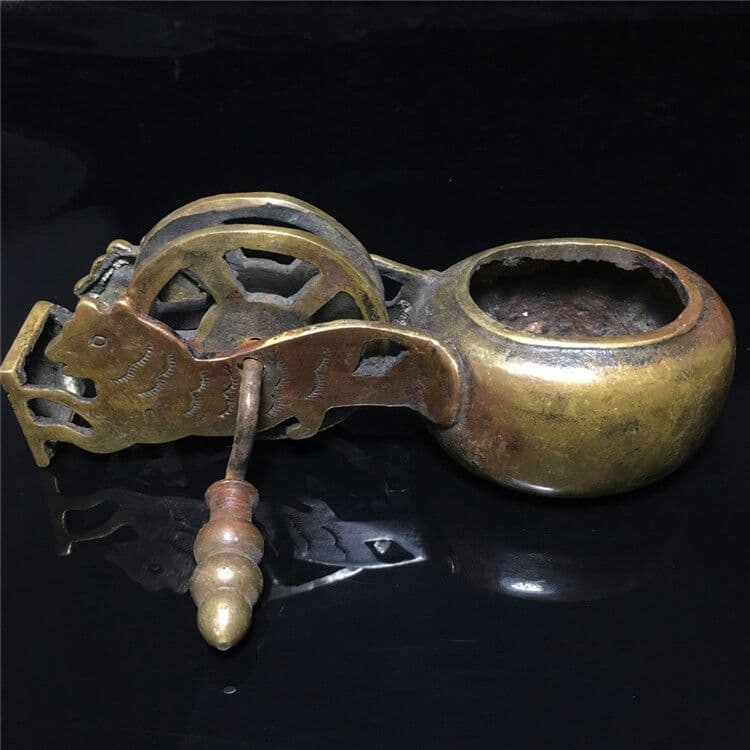 古玩古老皮殻真鍮墨斗銅器工芸品木工線器虎頭墨斗