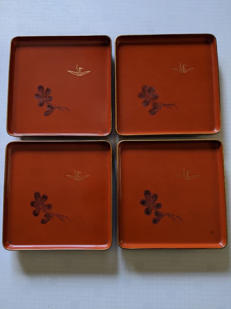 「折鶴＆松」朱漆小膳 10客 アンティーク