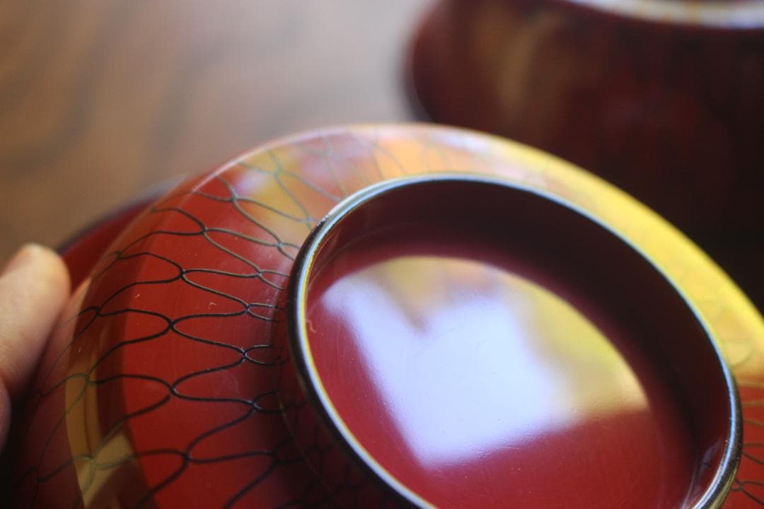 極小傷有！極上朱漆に風情ある網目文の映える大椀2点（検輪島塗懐石道具茶道具懐石椀