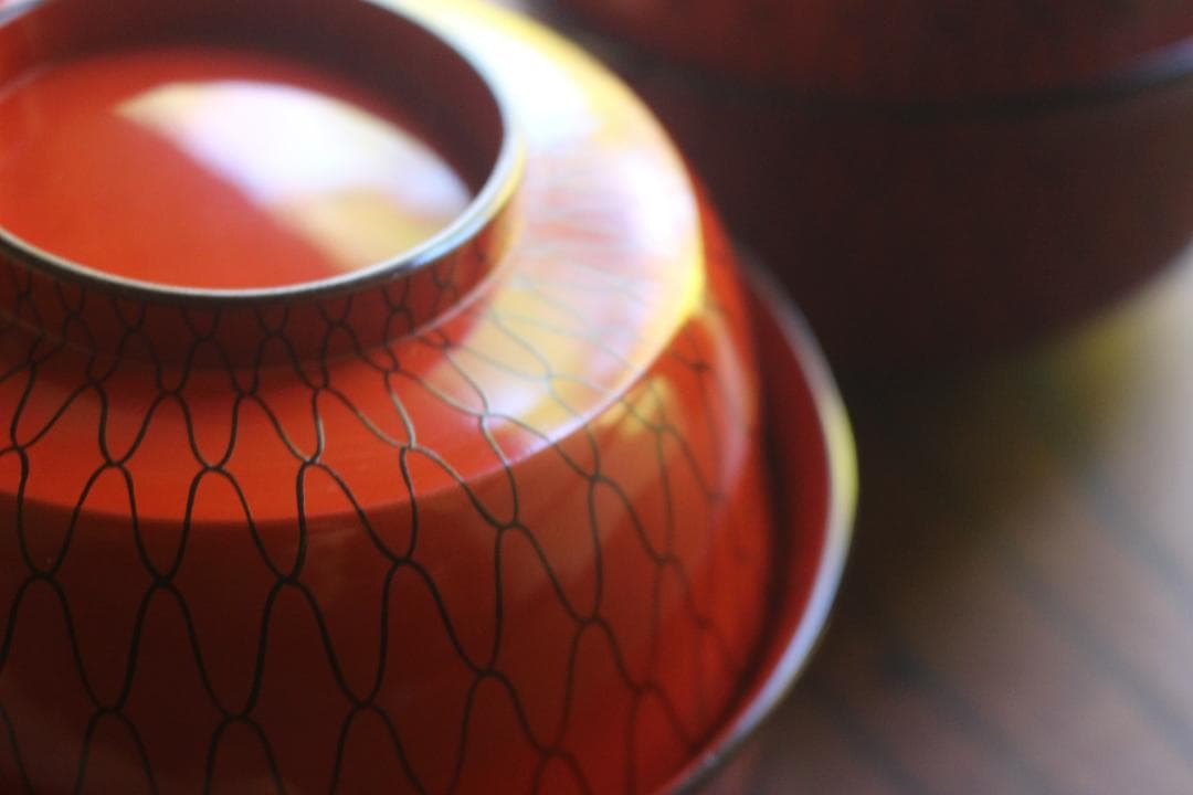 極小傷有！極上朱漆に風情ある網目文の映える大椀2点（検輪島塗懐石道具茶道具懐石椀
