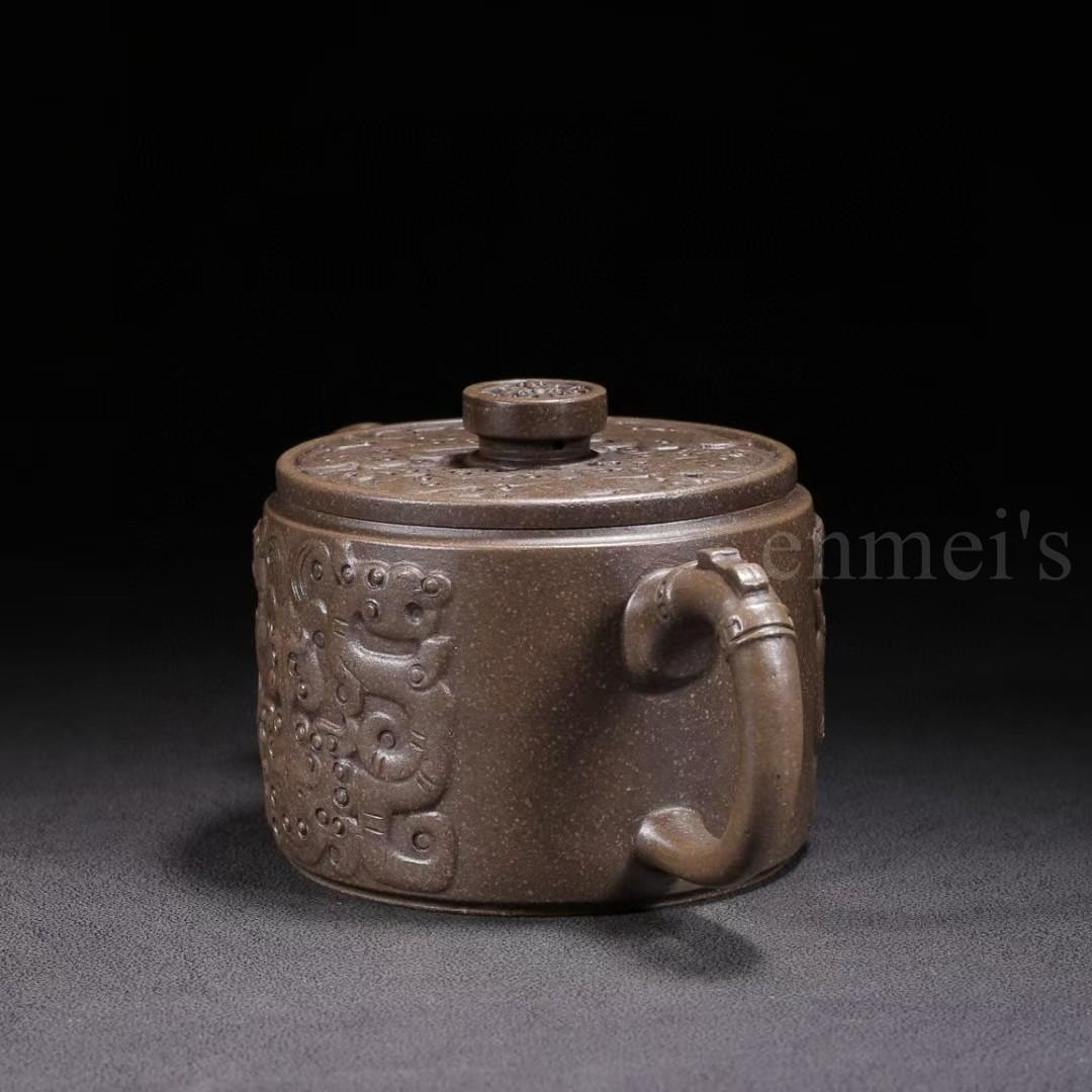 中国古美術・原鉱古銅泥龍鳳呈祥紫砂壺・底款：武陵芸人 蓋款：顧景舟・紫砂壺・茶壺