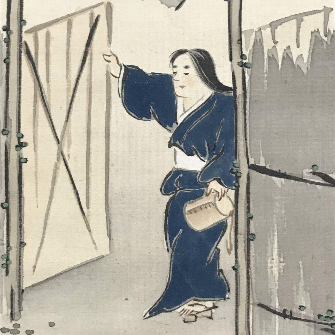 真作/原田圭岳/山水人物図/早春田家図/春の掛軸/掛軸/名家伝来/AK-489