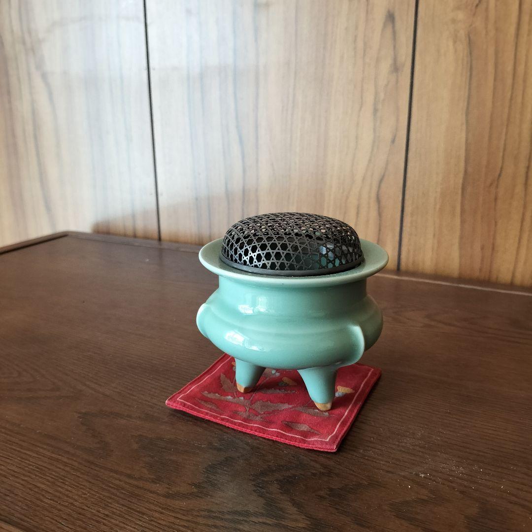 青磁 香炉 純銀火屋 三足香炉 銀火屋