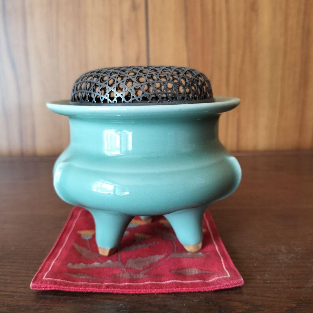 青磁 香炉 純銀火屋 三足香炉 銀火屋
