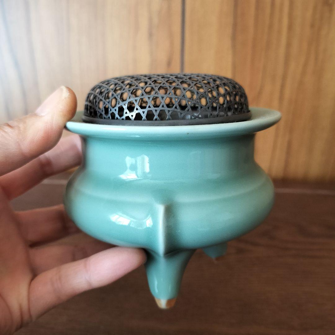 青磁 香炉 純銀火屋 三足香炉 銀火屋