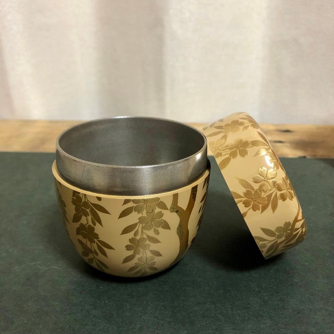 若島孝雄 白塗枝垂桜蒔絵大棗 共箱 茶道具 銀地