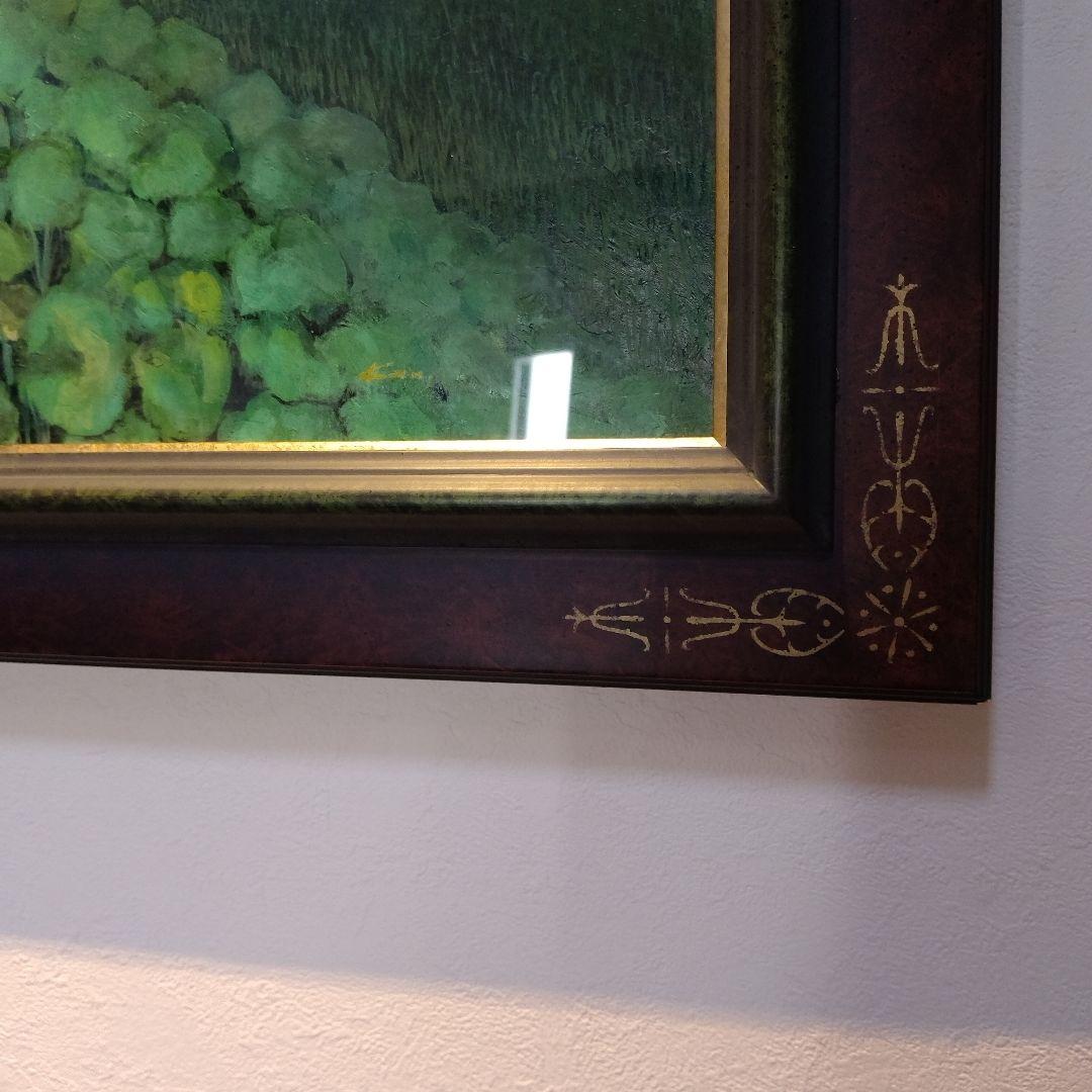 【高級特注額縁】蓮根畑　蓮　風景画　肉筆画　油彩画　大判　サイン有り