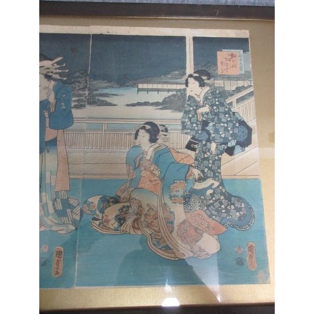 江戸版画歌川国貞美人画三枚綴り額入り [B28135]