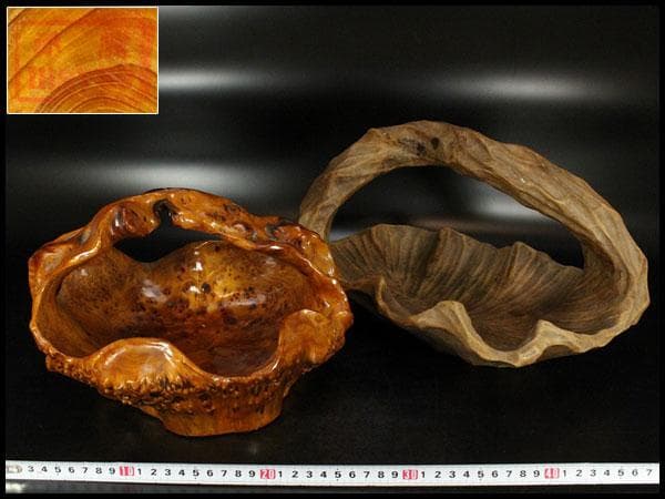 葡萄木 手付 器 木彫 古民具 時代物(K-LC949)