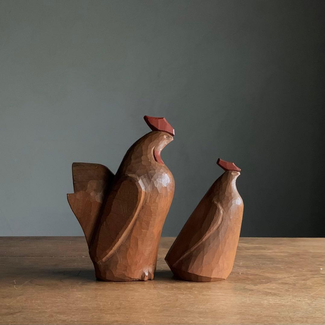 木彫 鶏 但馬木彫 彫刻作品 石田えいじ 古道具 アンティーク アート オブジェ