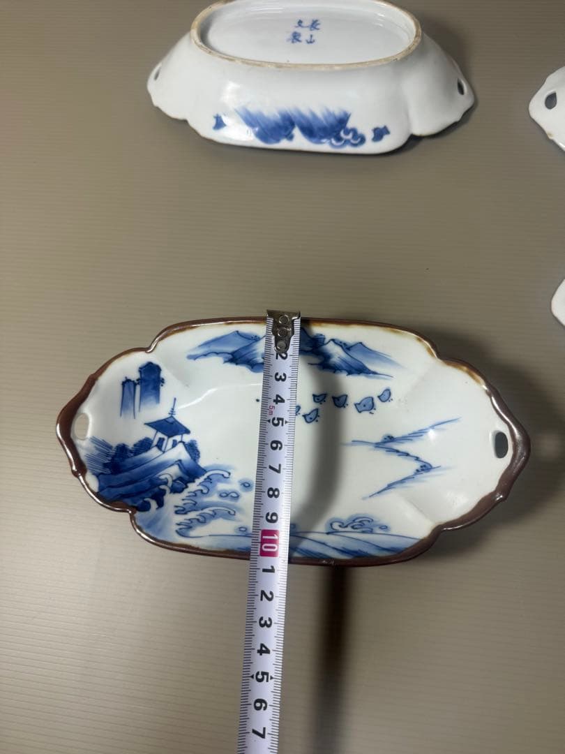 2110 明治大正 伊万里 舟形皿 4客　長山文製 染付山水　時代物