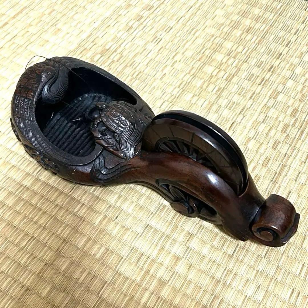 [珍] 鶴蓑亀紋墨壺　古道具　工芸品　置物　27-28cm美品