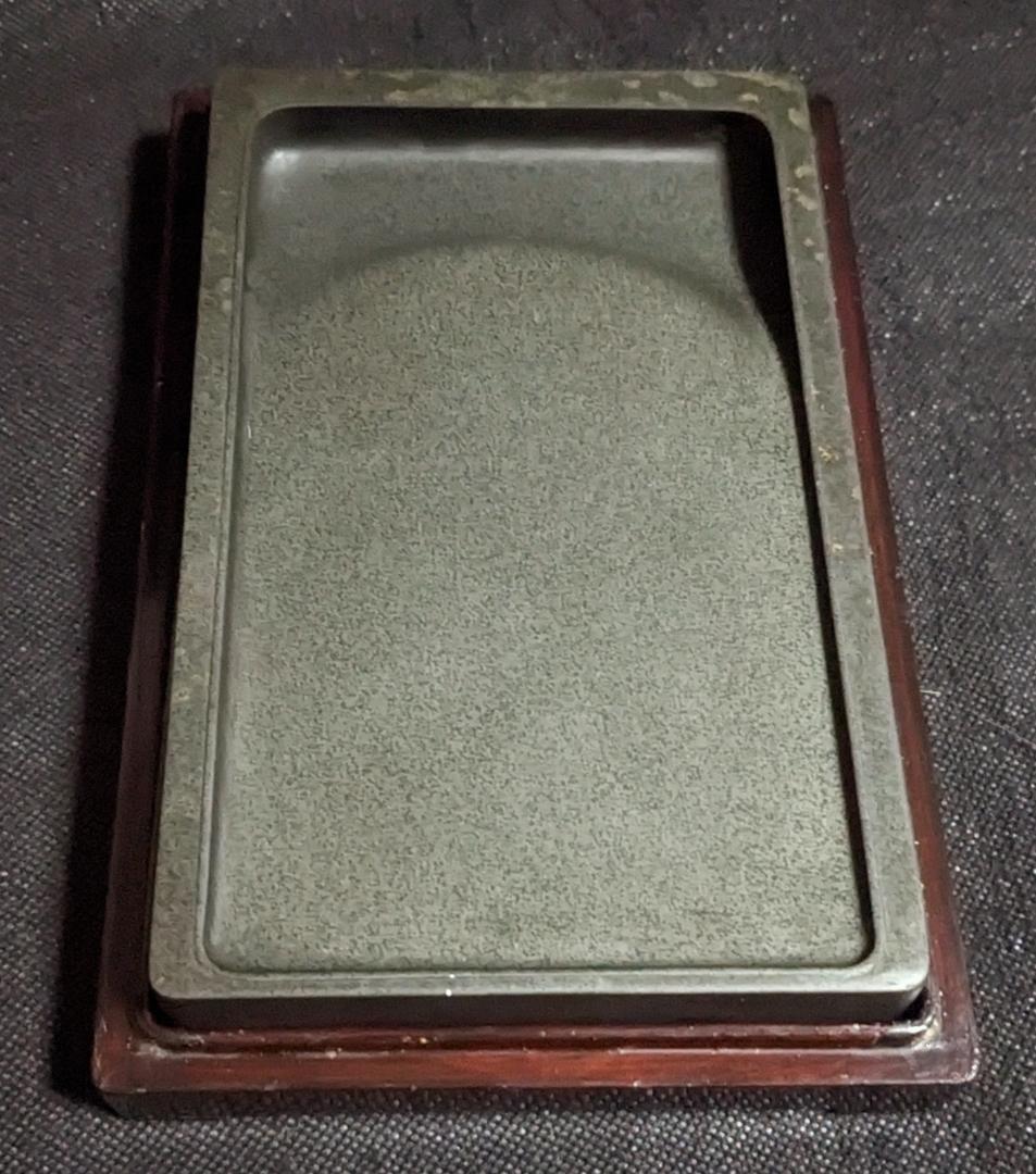 【歙州硯　魚子紋・金星の琅玕系美石】◆唐木塗箱◆約七吋◆龍尾山◆歙硯