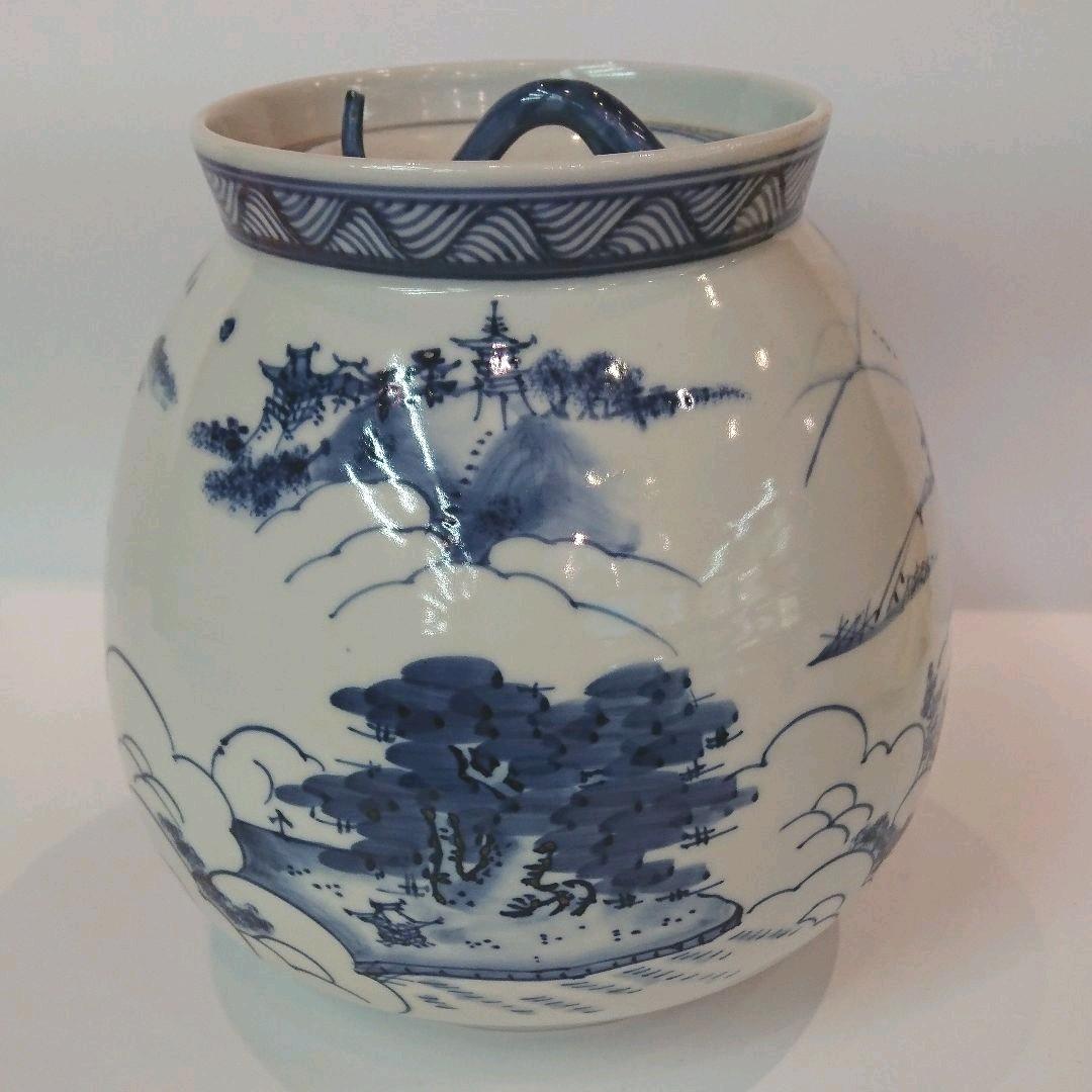 【茶道具】膳所焼 岩崎新定作 染付 近江八景絵 芋頭水指