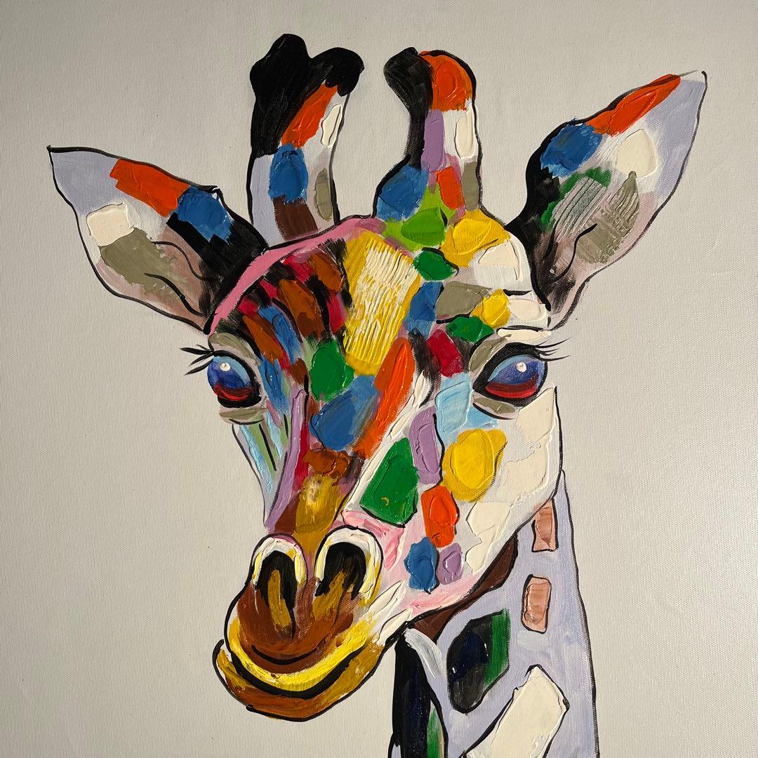 手書き油絵 七色キリン 額付 肉筆絵画 インテリア 油彩画