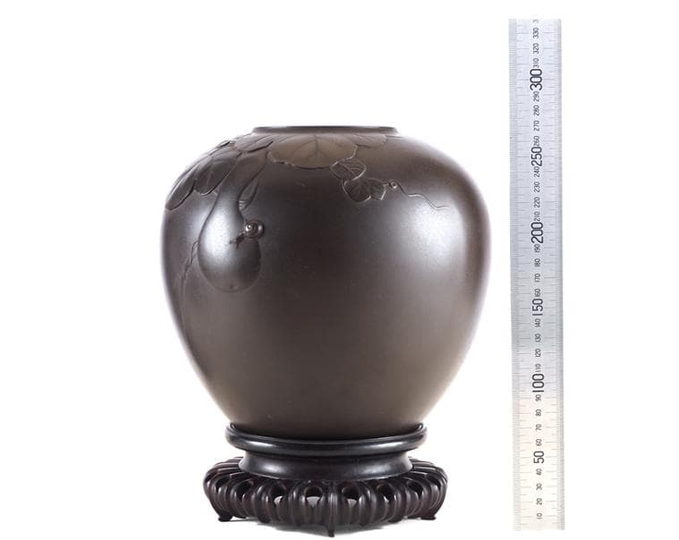 【海】一乗軒 大島 如雲 作 鋳銅 瓢蝸牛 彫刻 花瓶 唐木台付 共箱　本物保証