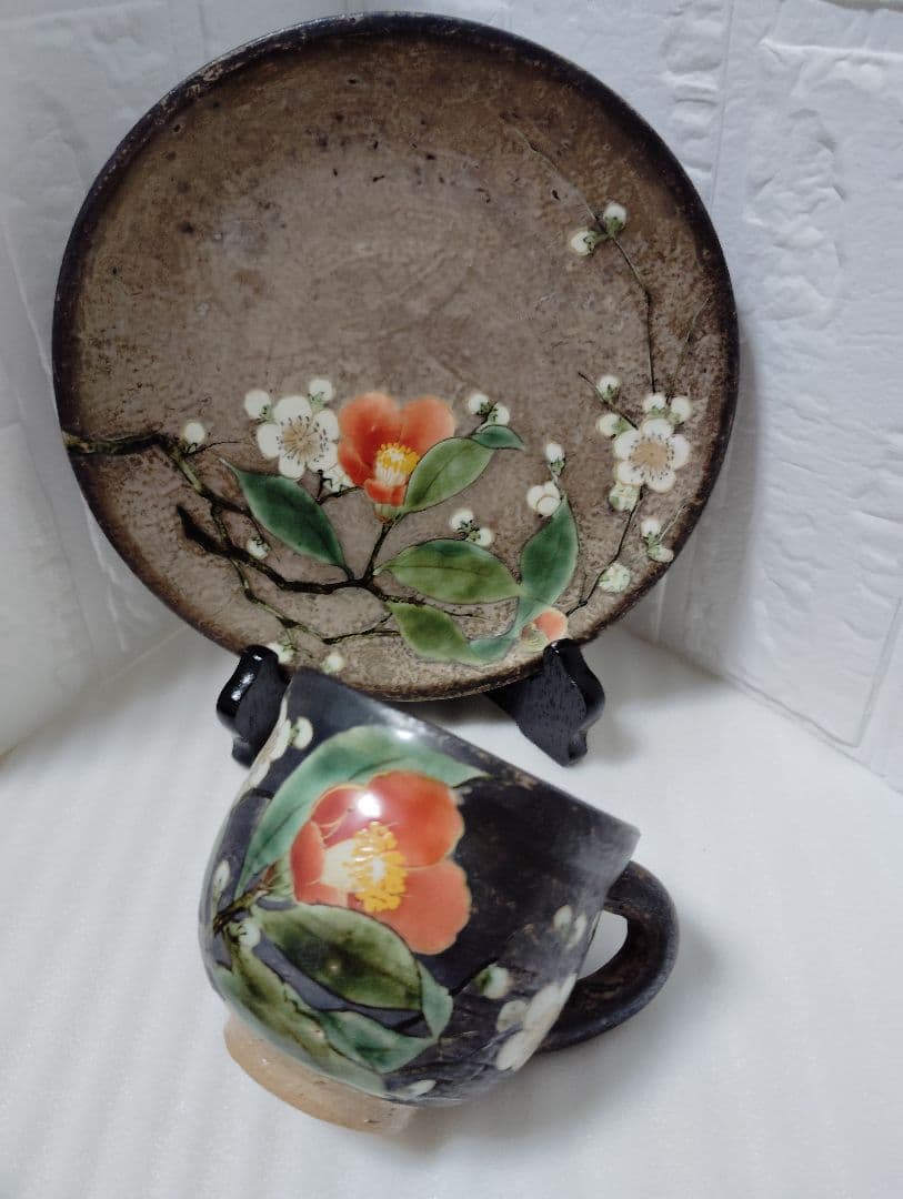 京焼　清水焼　陶葊　陶あん　椿と梅　カップ＆ソーサー　ペア