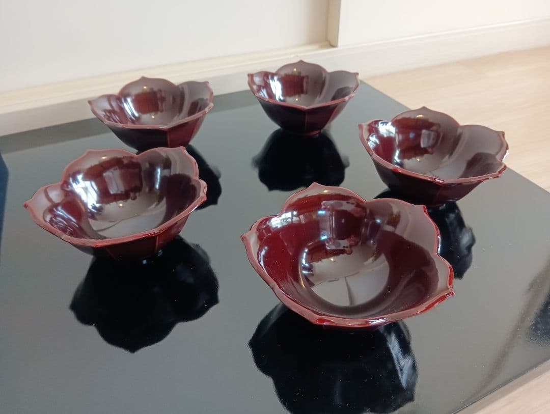 輪島塗　溜塗輪花向付　5客