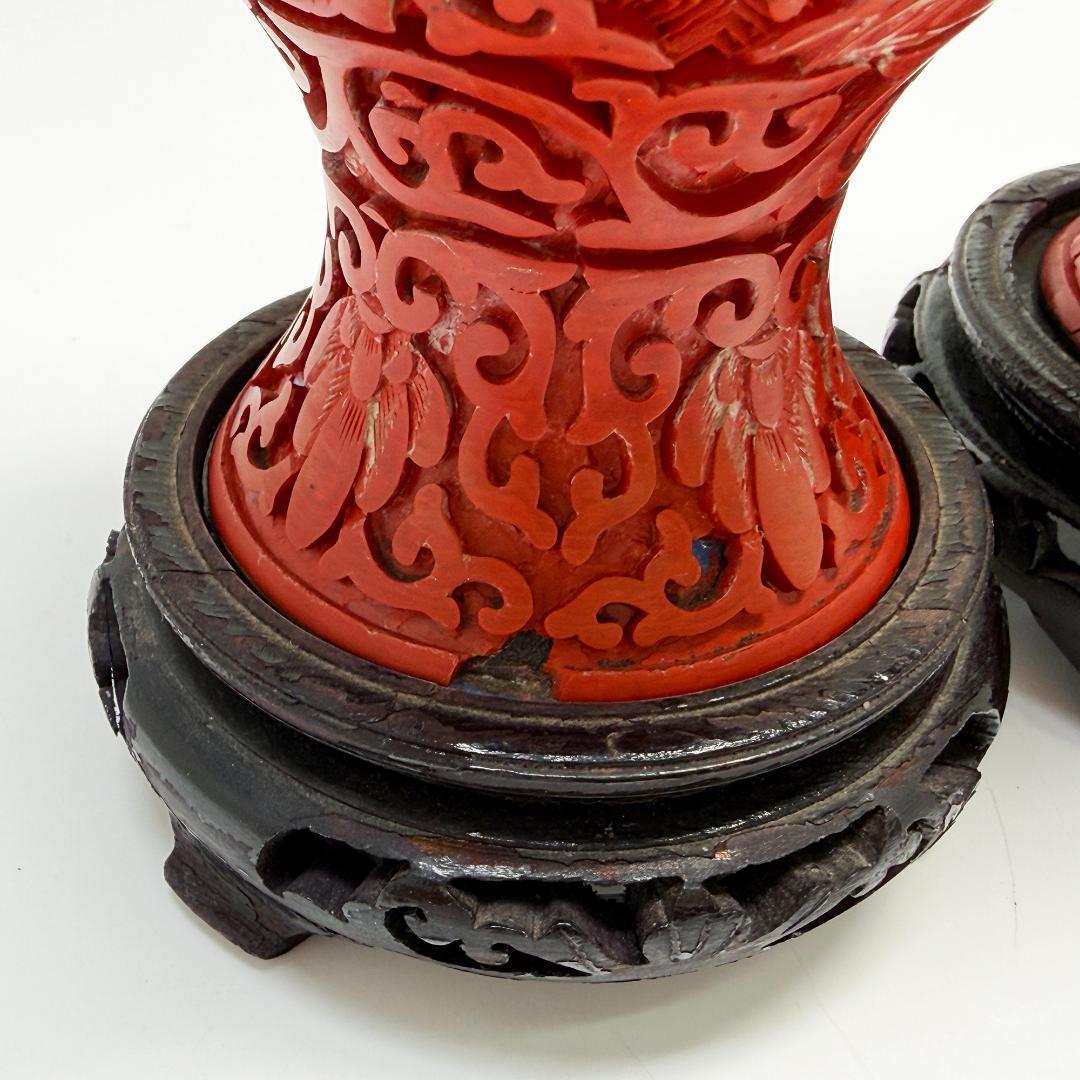 中国美術 堆朱 花瓶 紅雕漆花瓶花器 台座付 2個セット