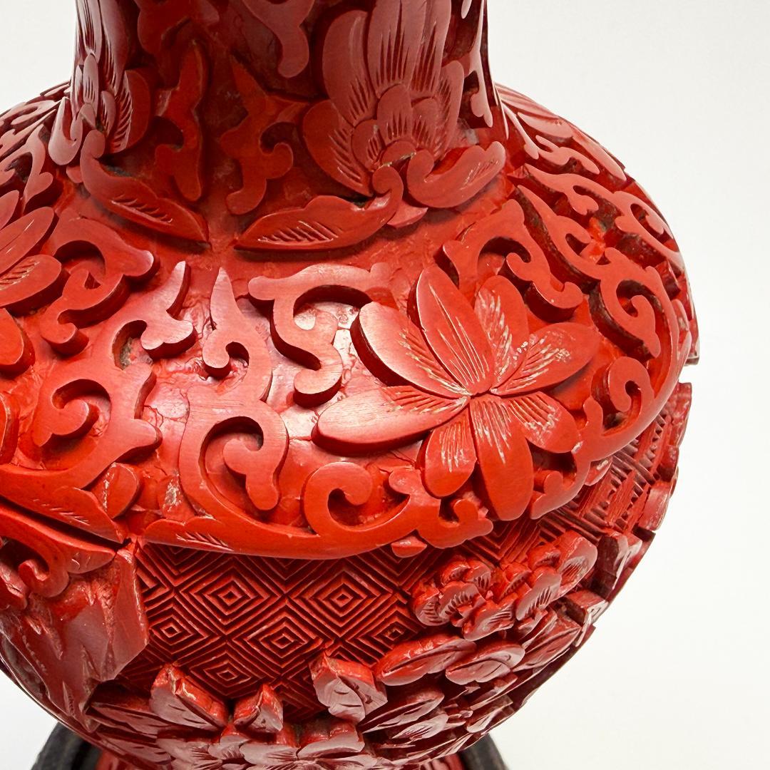 中国美術 堆朱 花瓶 紅雕漆花瓶花器 台座付 2個セット