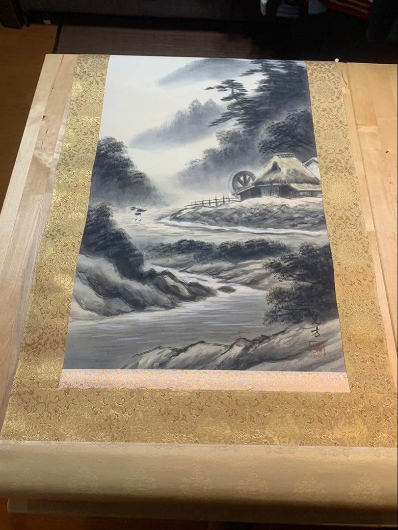 【共箱付】掛け軸 山水画 日本画 水車のある風景 ♪