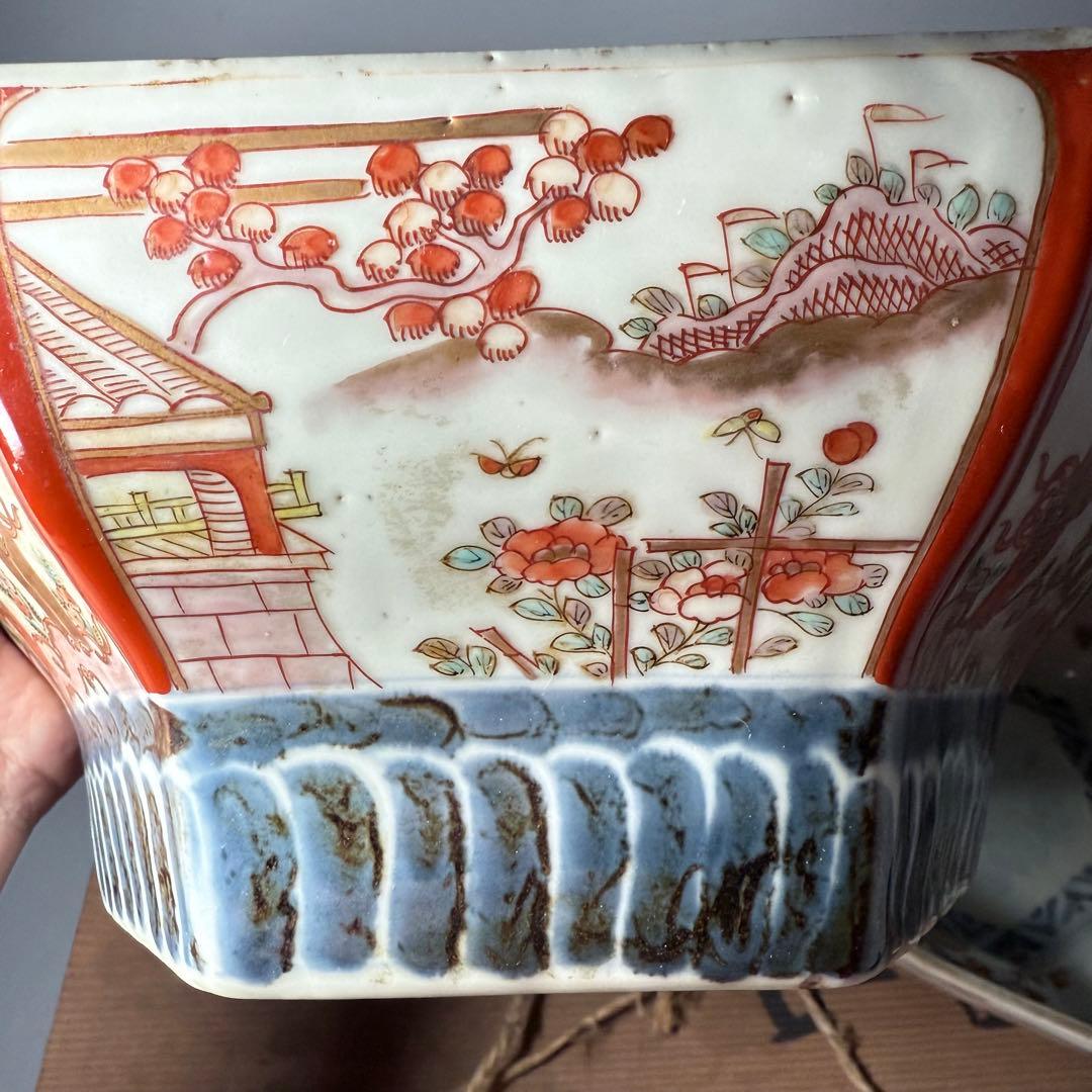 江戸後期〜明治時代　色絵松竹梅鳥賢人図六角鉢　共箱　古美術　豪商旧蔵品