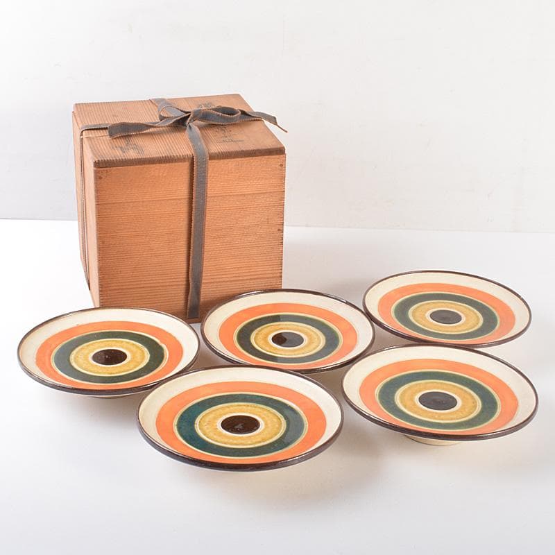 和食器　瀬戸焼　 加藤春鼎 色絵　獨楽　菓子皿　五客　共箱　C　R7548