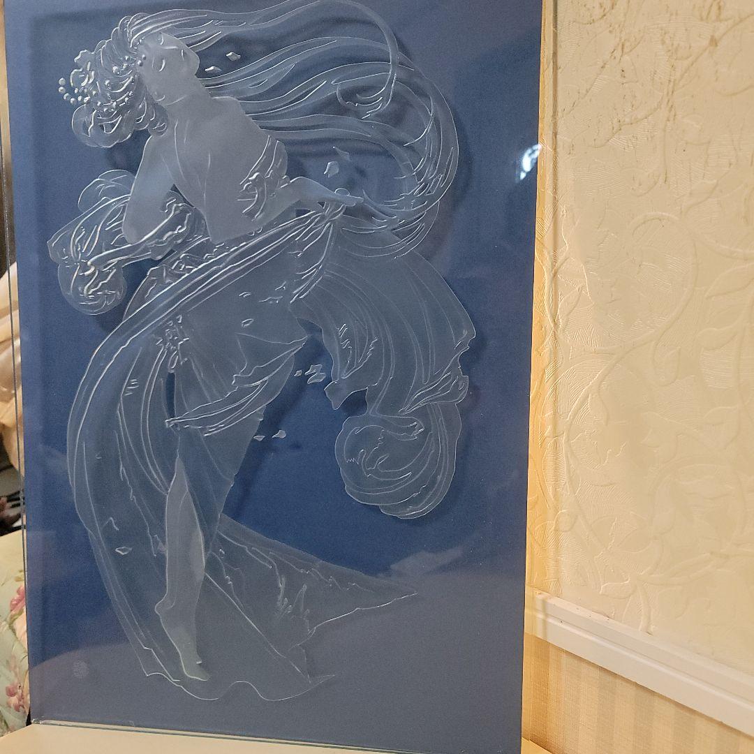 エッチング ガラス彫刻　ヴィンテージアート工芸品　額入り　ミュシャの絵モチーフ